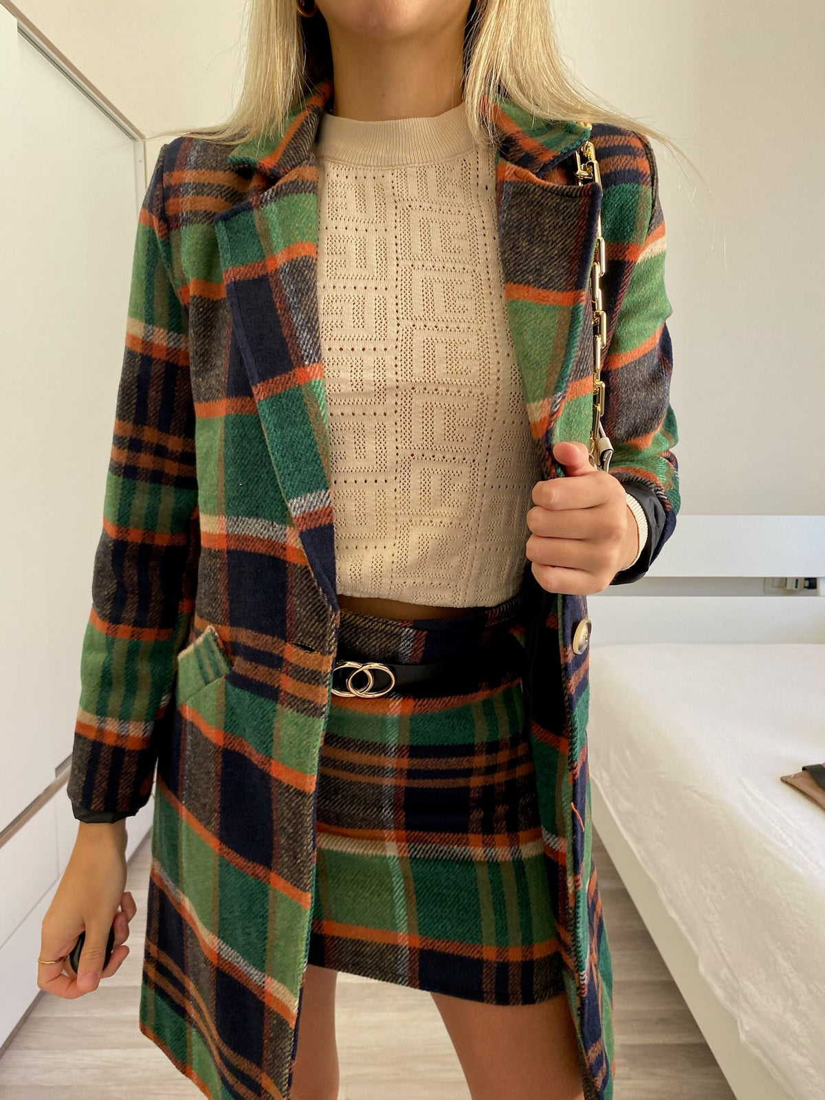 Cappotto check trama verde