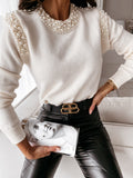 Maglione ricamato con perle panna