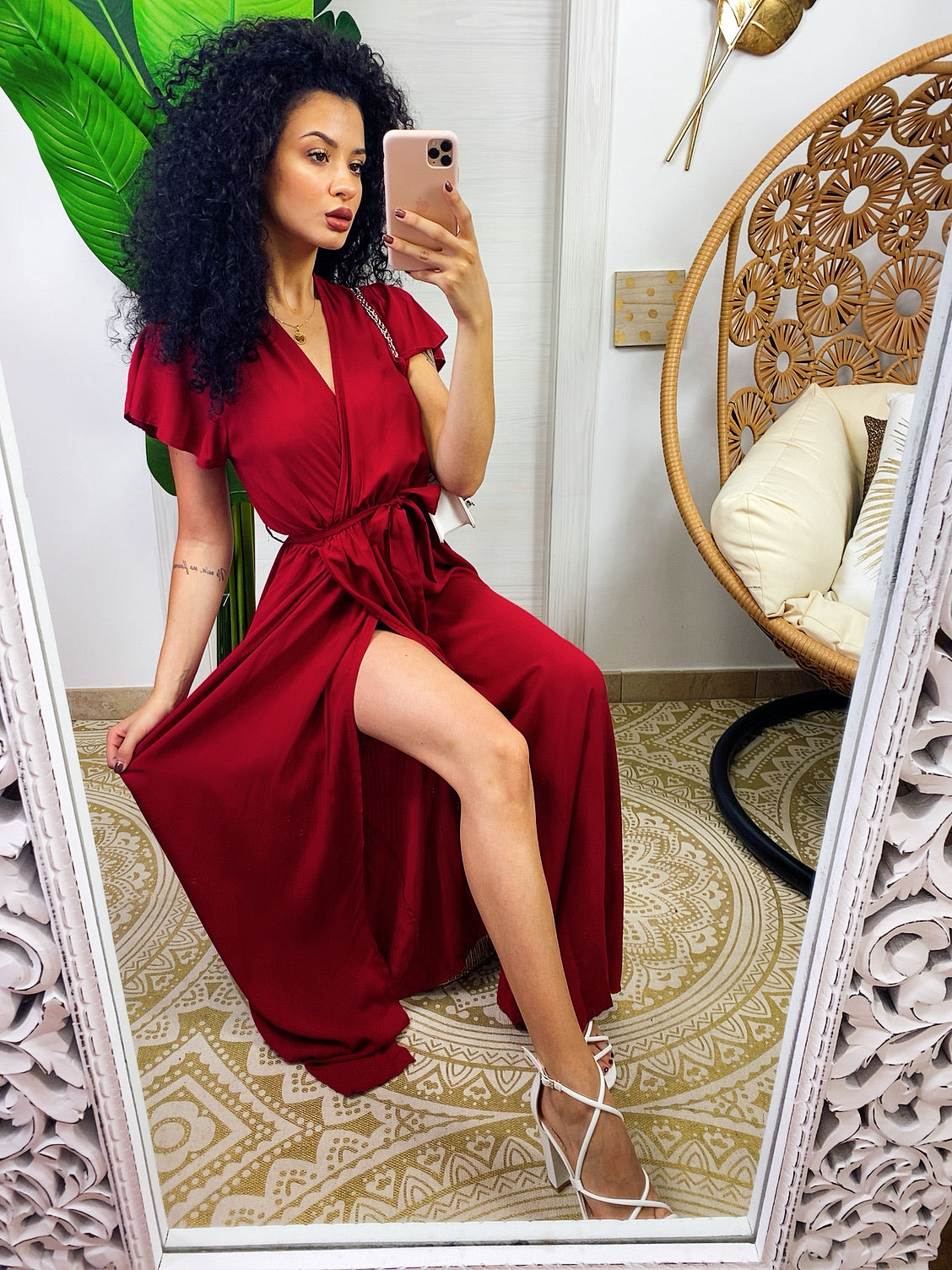 Abito lungo bordeaux con spacco