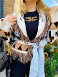 Cardigan corto frange e cinta con cavallo celeste