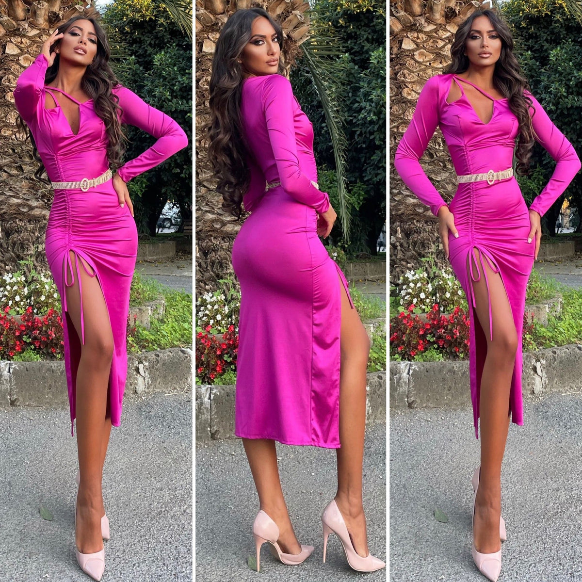 Abito midi Fuxia manica lunga