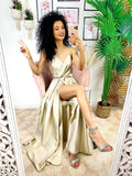Abito in raso con maxi spacco beige