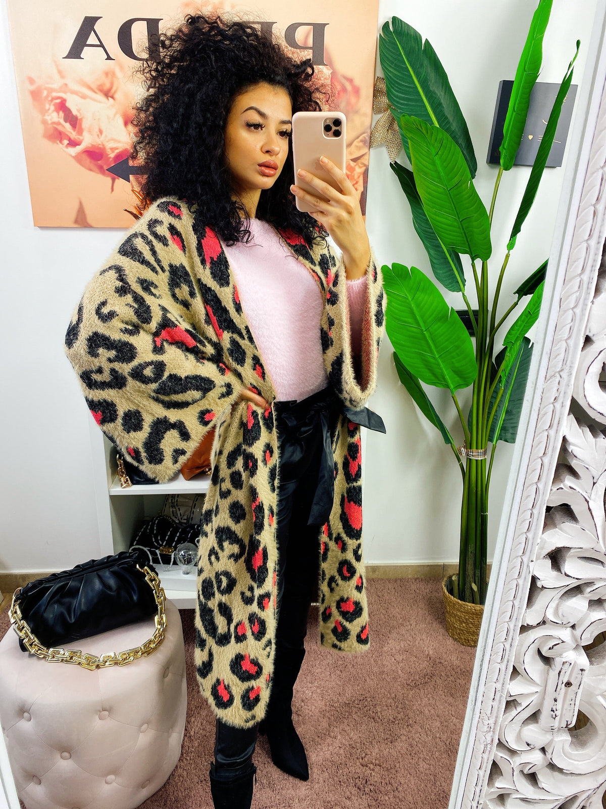 Cardigan maculato con dettagli Fuxia
