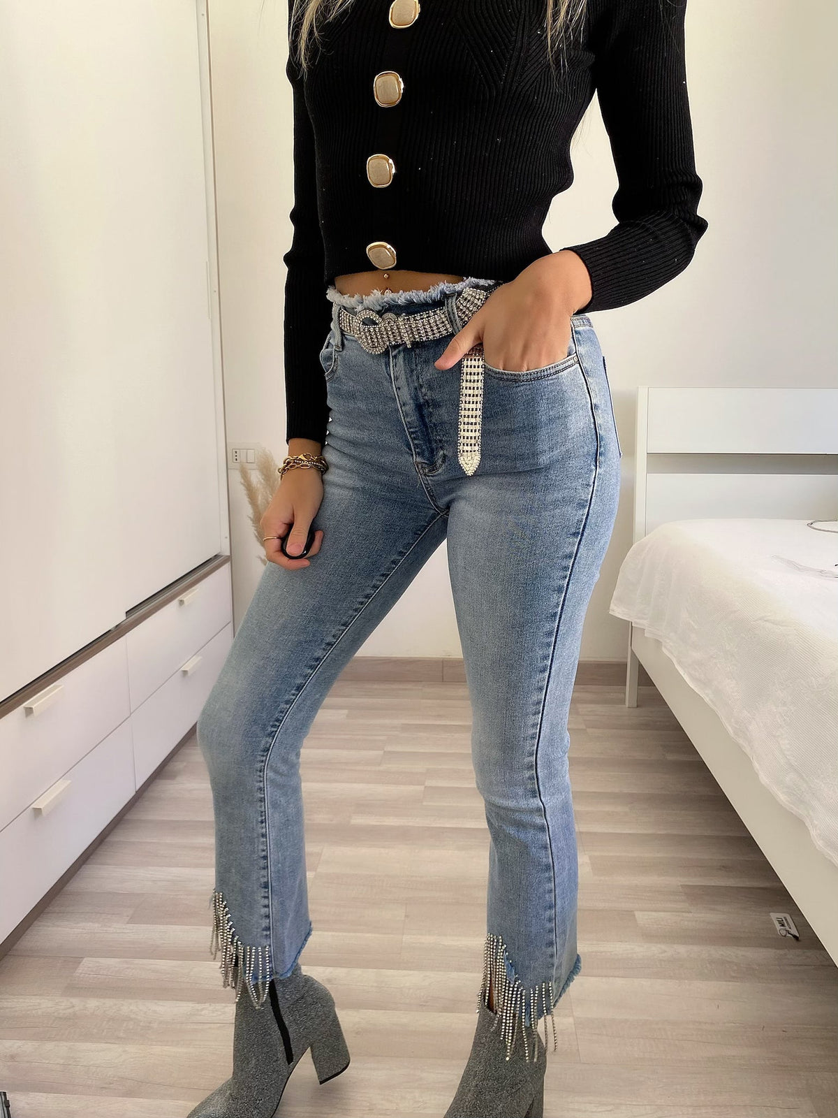Jeans con frange argento