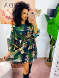 Abito manica lunga con fiori verde militare