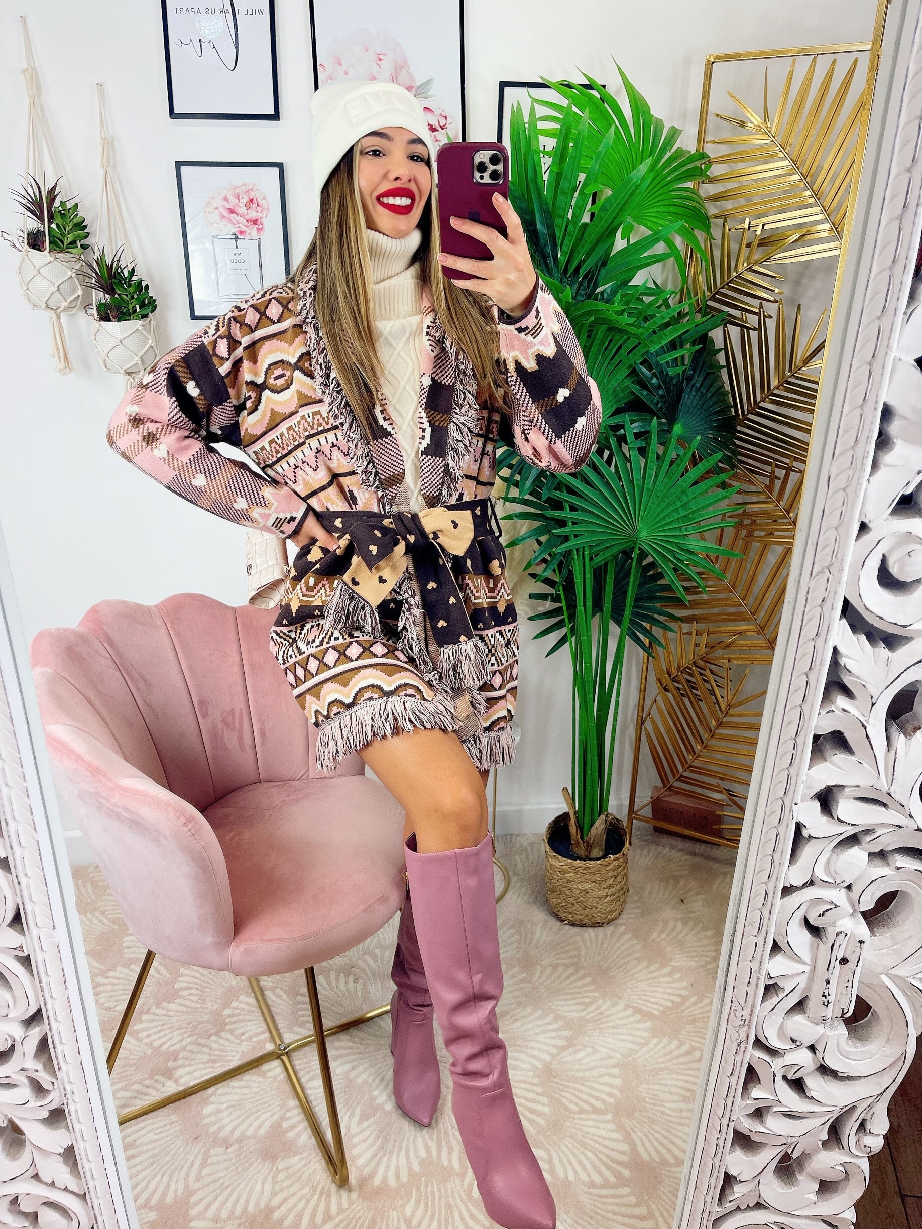 Cardigan con frange e cuori Marrone Rosa