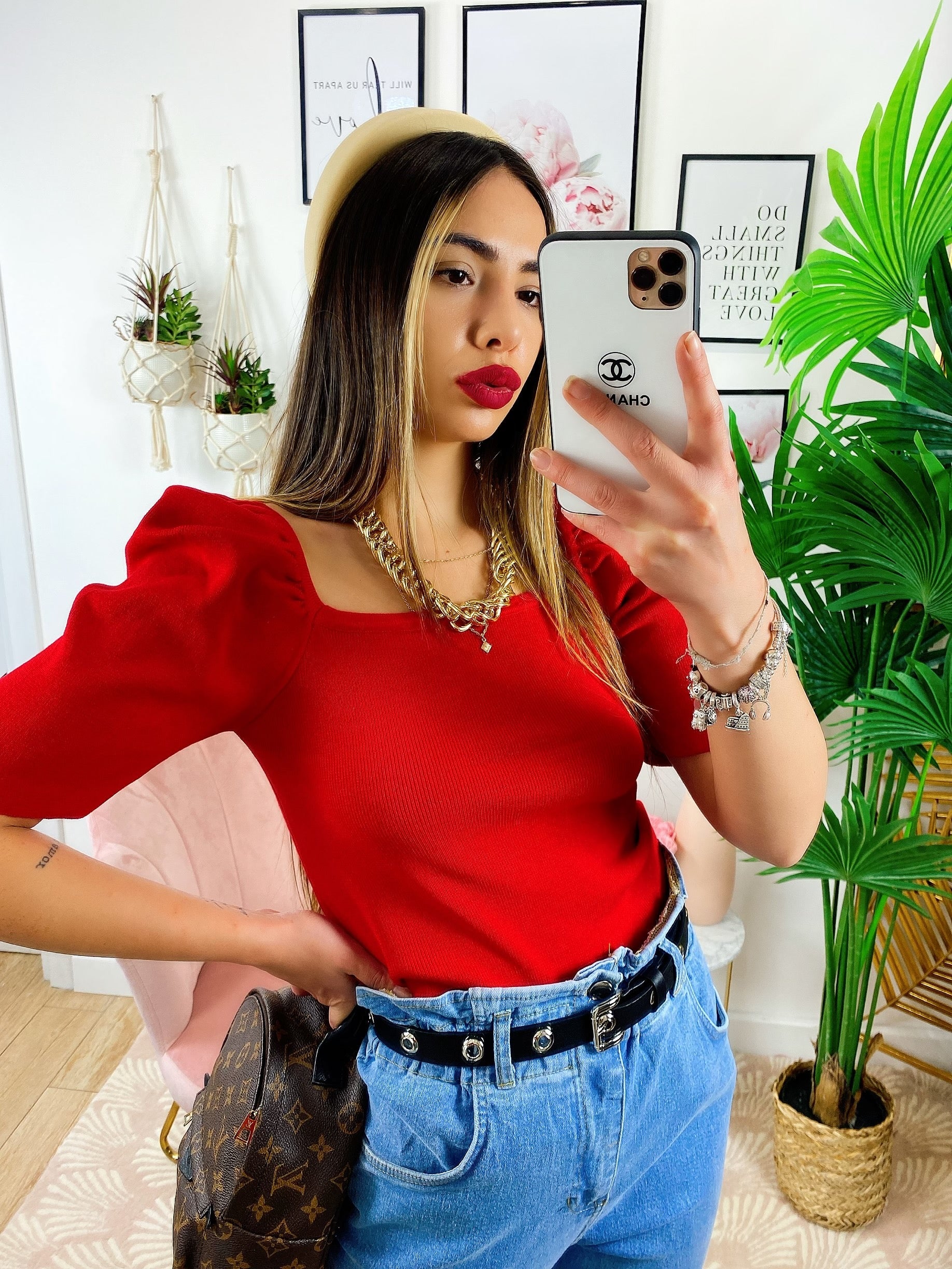 Top con spalline bombate Rosso
