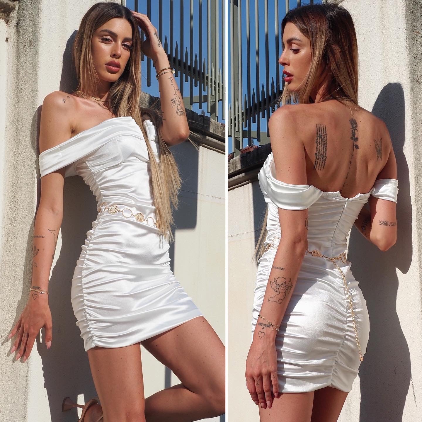 Abito in raso bianco scollo a barca