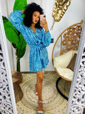 Abito con paillettes manica lunga azzurro