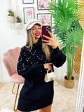 Maxi maglione collo alto con perle Nero
