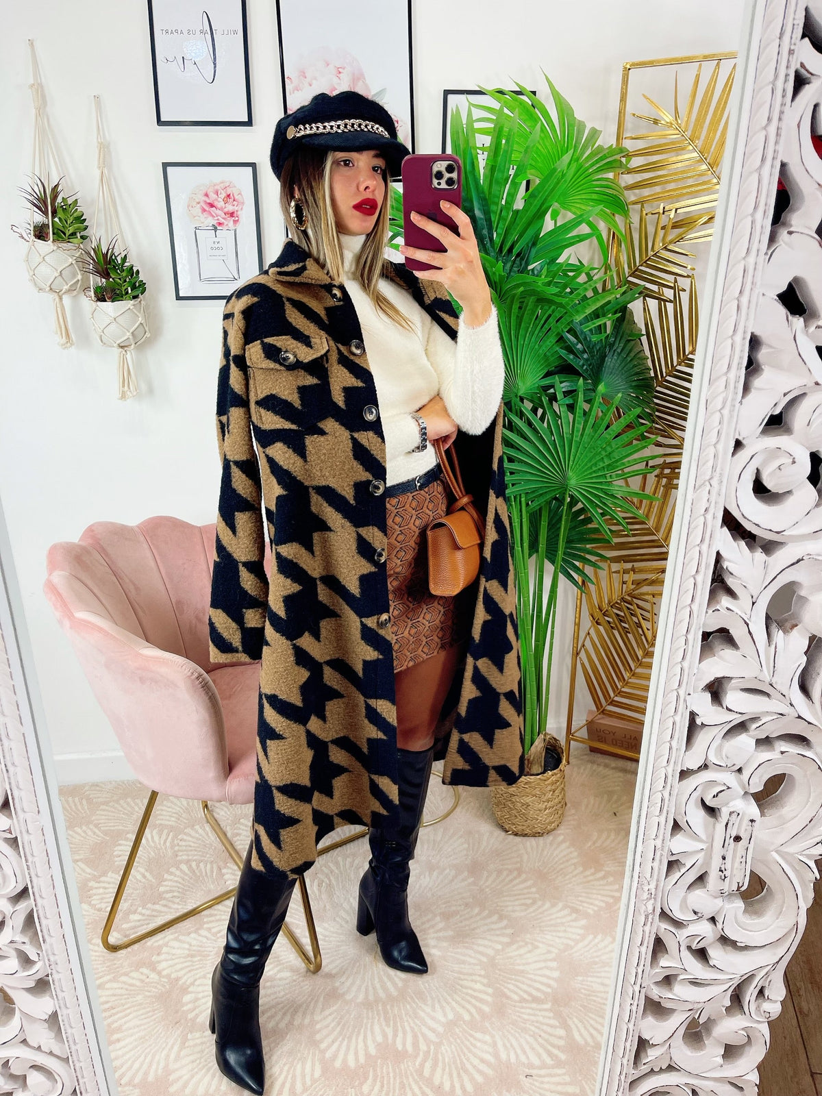 Giacca pied de poule Camel e nera