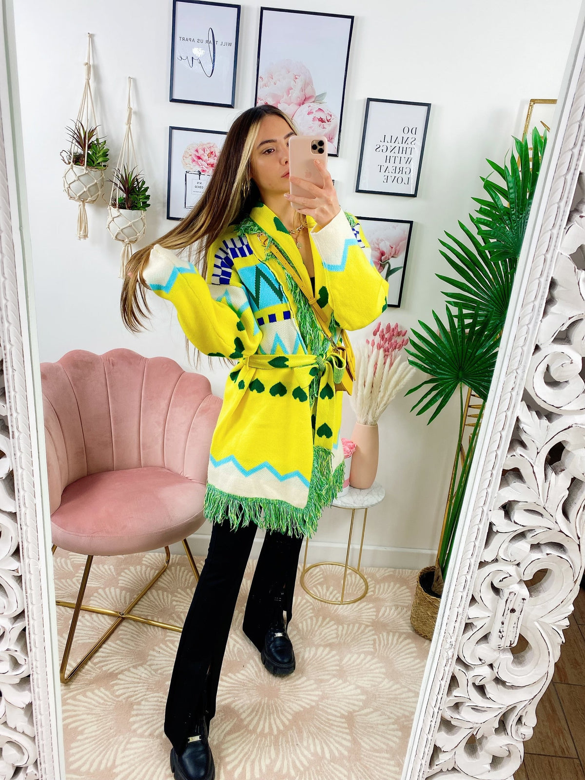 Cardigan frange e cinta giallo