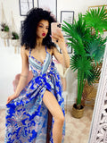 Abito maxi spacco fantasia blu