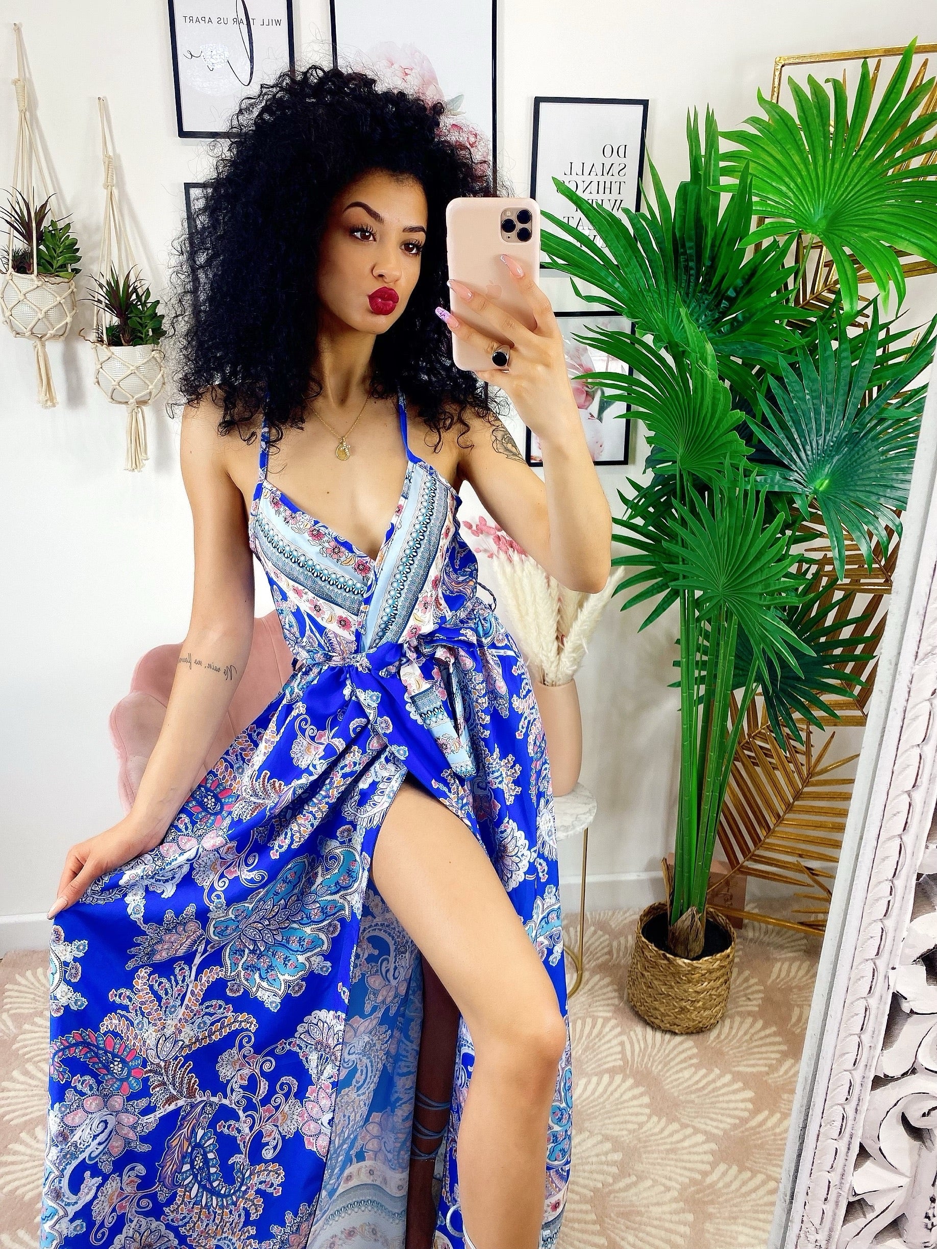Abito maxi spacco fantasia blu