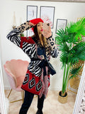 Cardigan Zebrato con frange e cinta