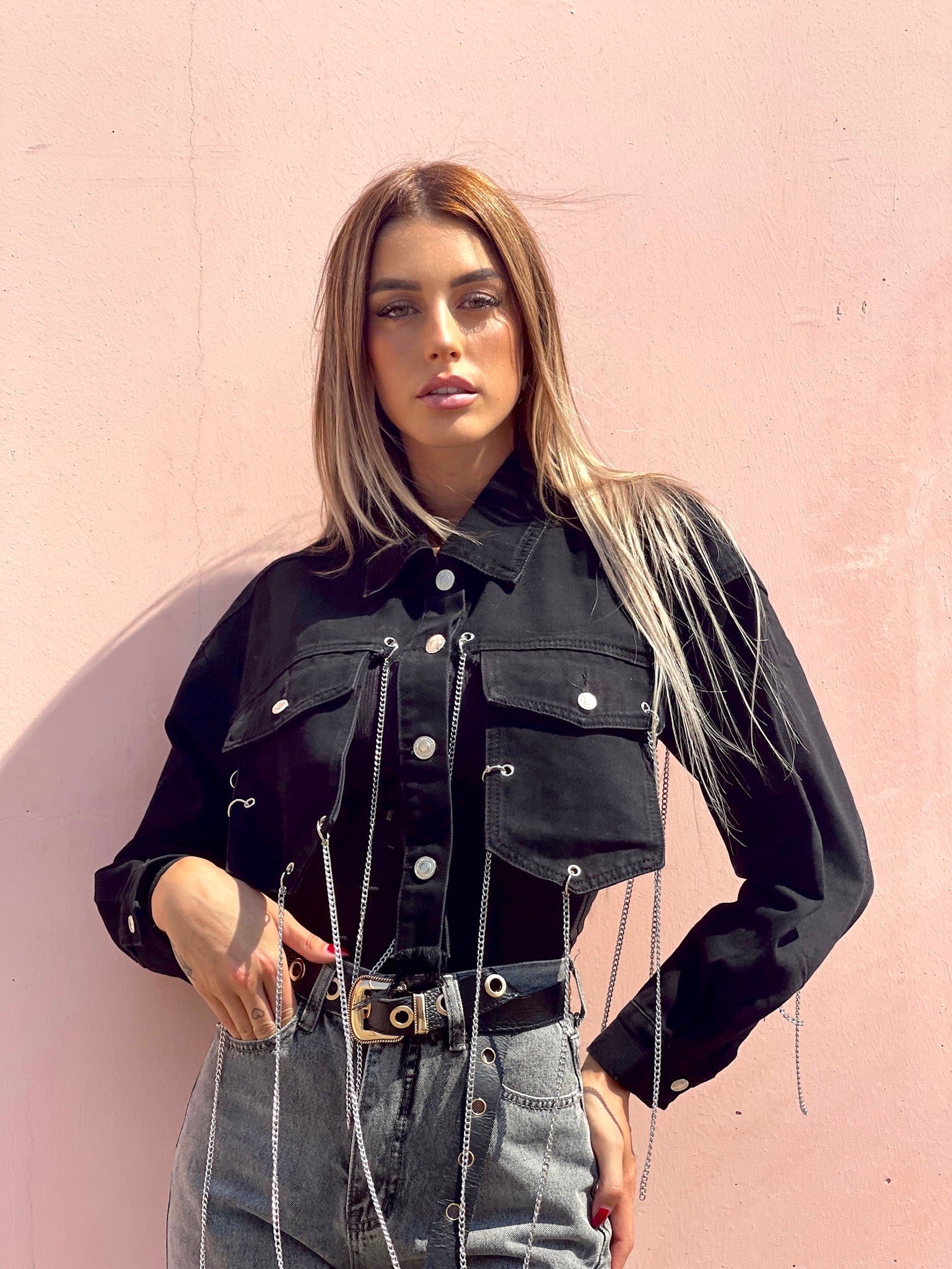 Giacca in jeans nero con frange