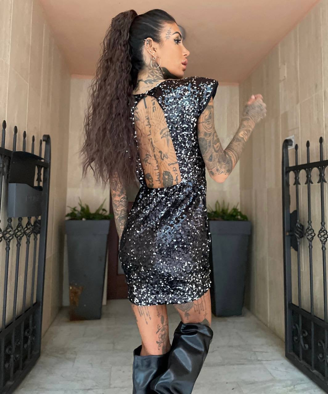 Abito smanicato con paillettes nero