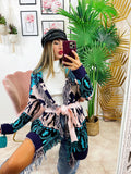 Cardigan con frange e cinta dettaglio Celeste