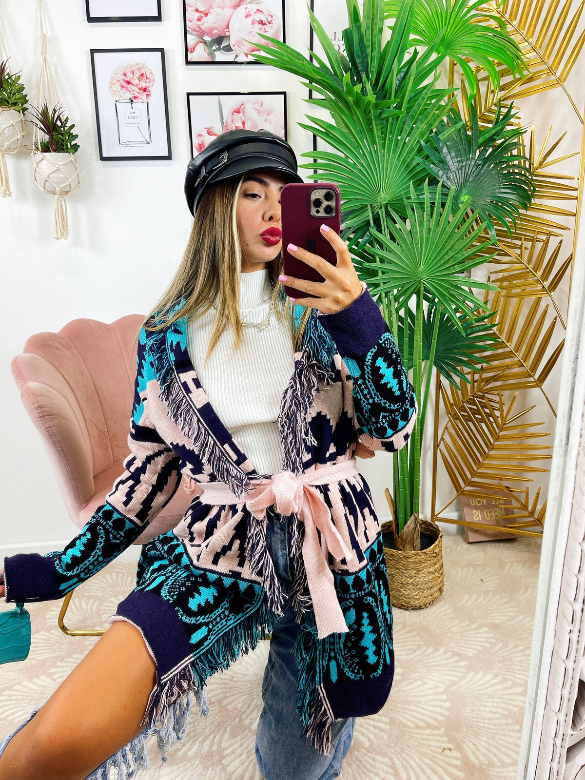 Cardigan con frange e cinta dettaglio Celeste