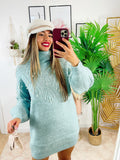Maxi maglione collo alto con perle verdeacqua