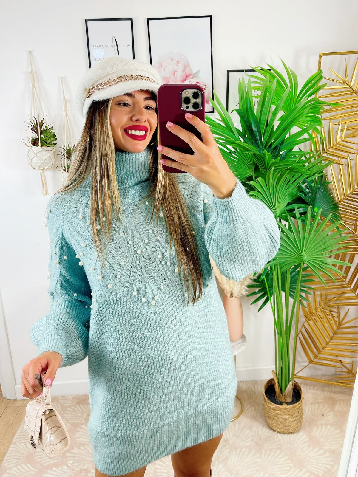 Maxi maglione collo alto con perle verdeacqua