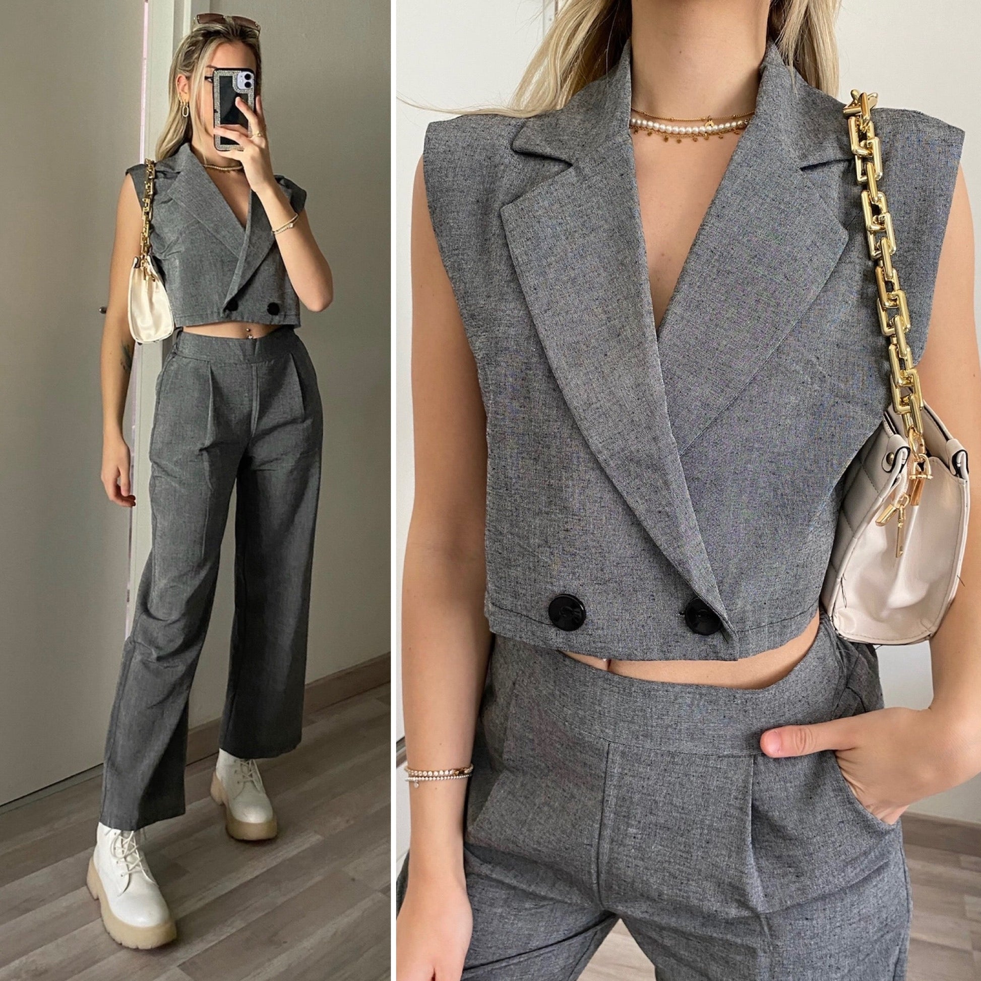 Completo top crop e pantalone grigio