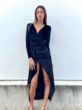Abito lungo in velluto con maxi spacco Nero