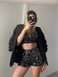 Completo top e short paillettes nero argento
