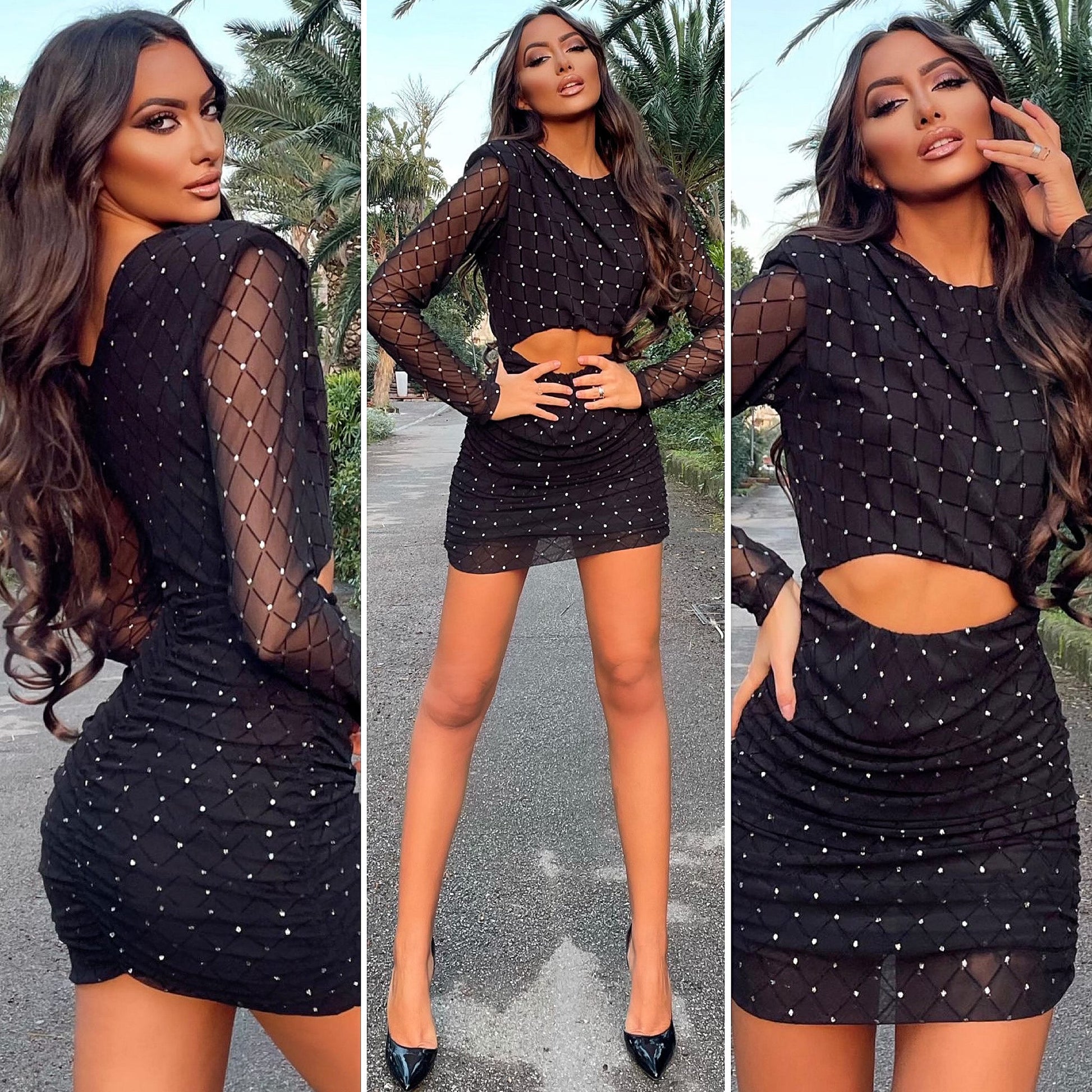 Abito nero con trasparenze e glitter