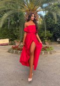 Abito in raso lungo con scollo a barchetta Rosso