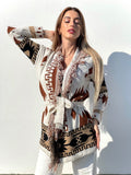 Cardigan Camel/Black con frange e cinta
