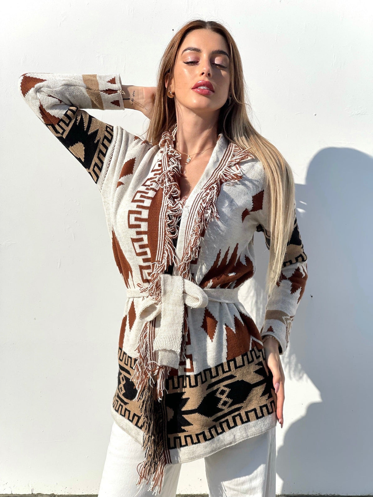 Cardigan Camel/Black con frange e cinta