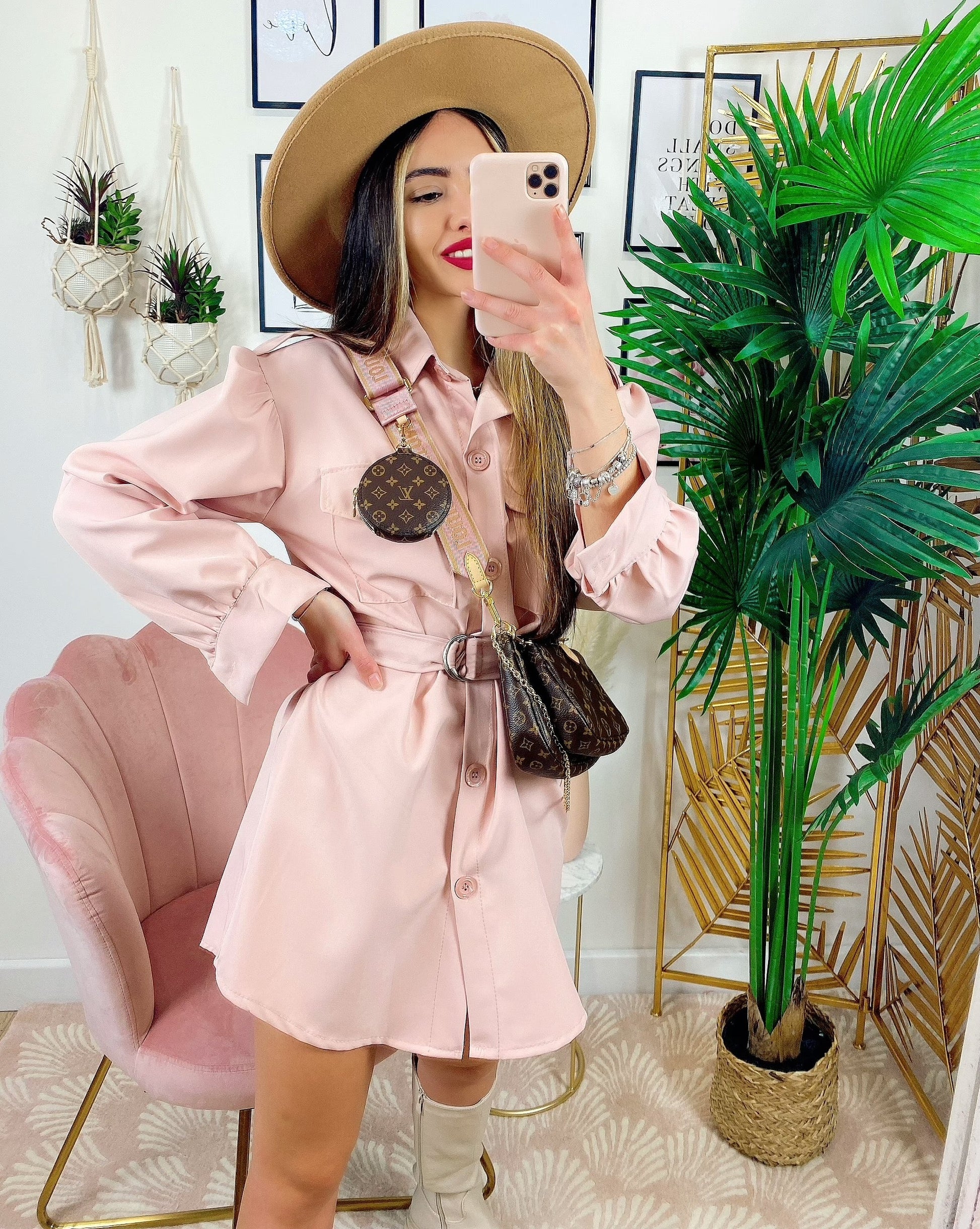 Abito a camicia con cintura Rosa