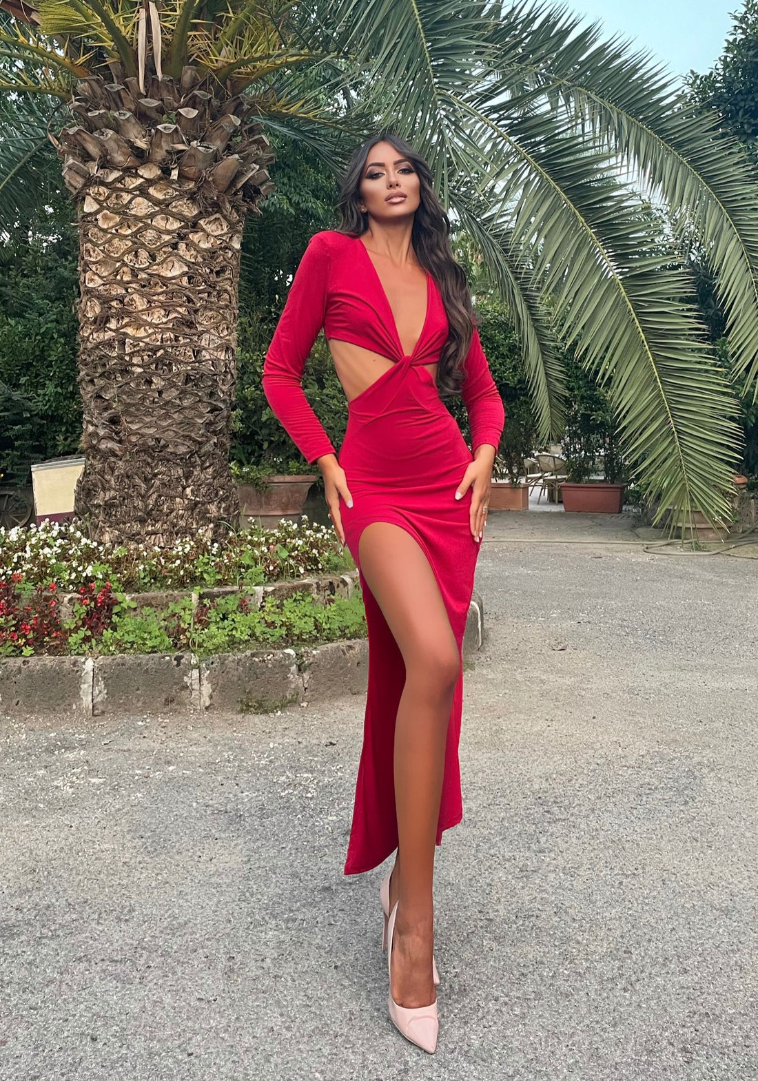 Abito a manica lunga incrocio rosso
