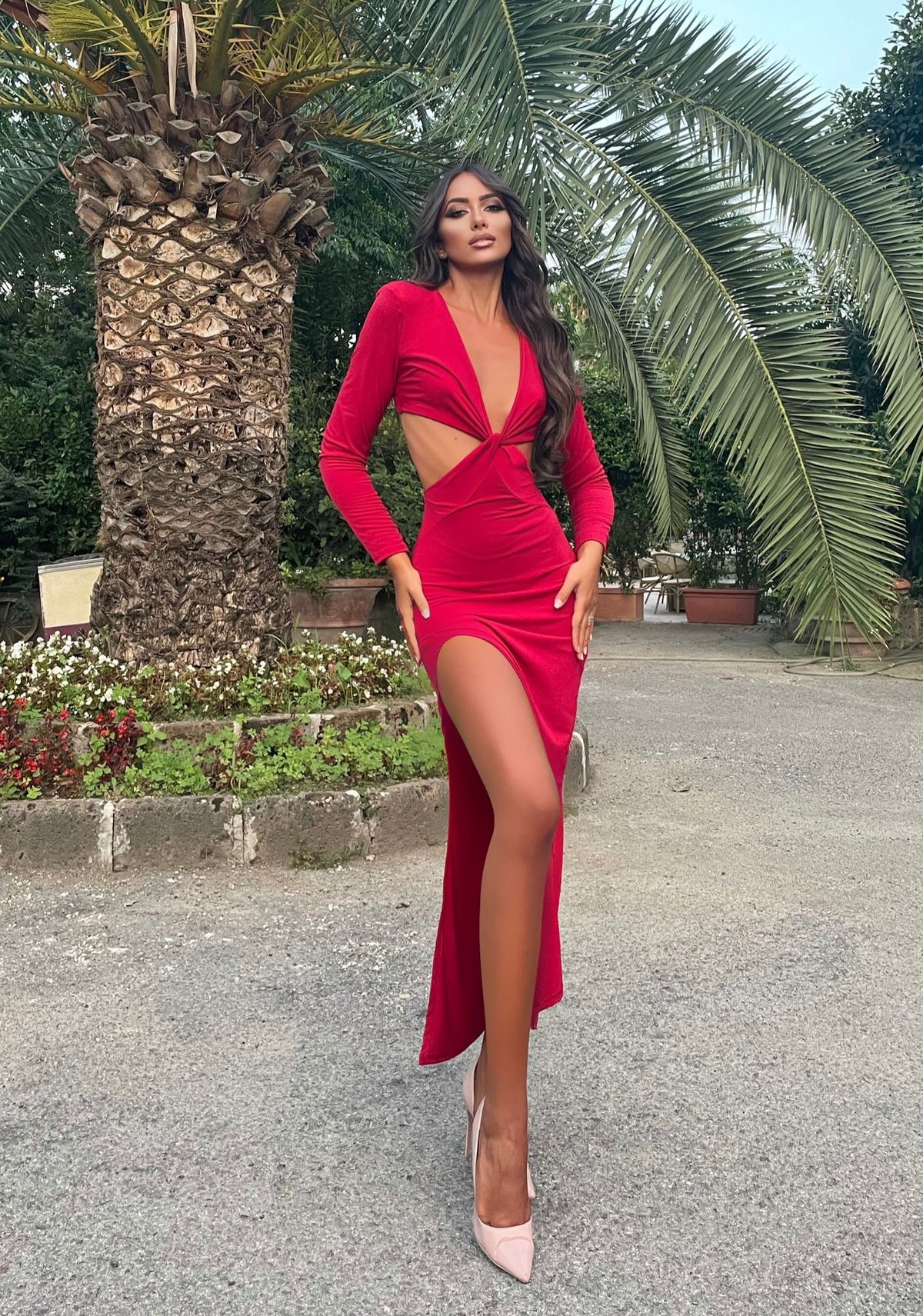 Abito a manica lunga incrocio rosso