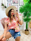 Camicia smanicata floreale con borsetta base Rosa