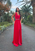 Abito rosso cintura in strass