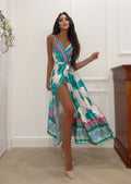 Abito in raso con maxi spacco fiori Verdeacqua