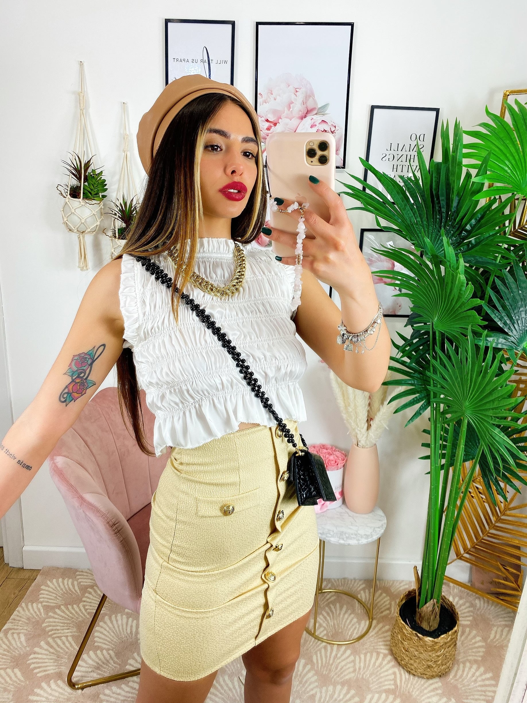 Gonna midi con bottoni Beige
