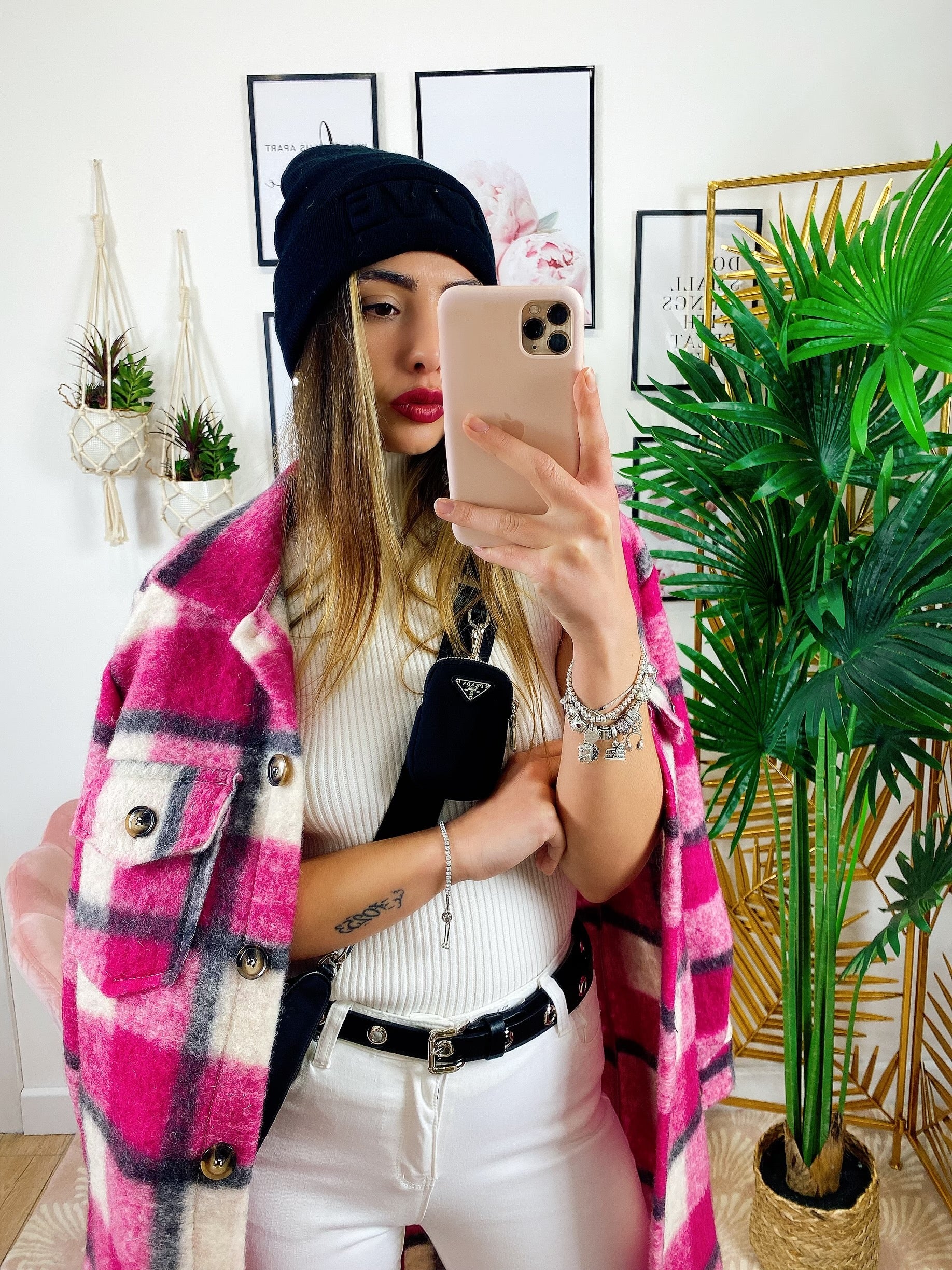 Giacca a quadri lunga Fucsia