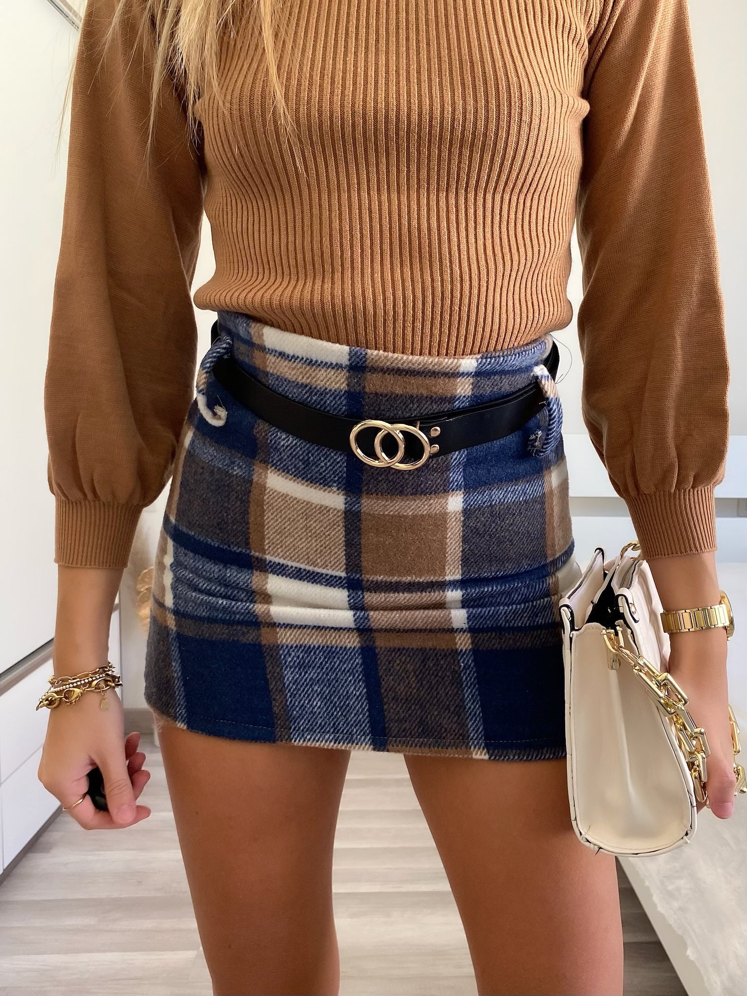 Gonna in tweed blu e beige
