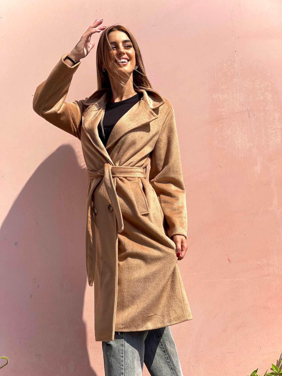 Cappotto lungo Camel con cintura