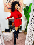 Abito in maglia a trecce collo alto rosso