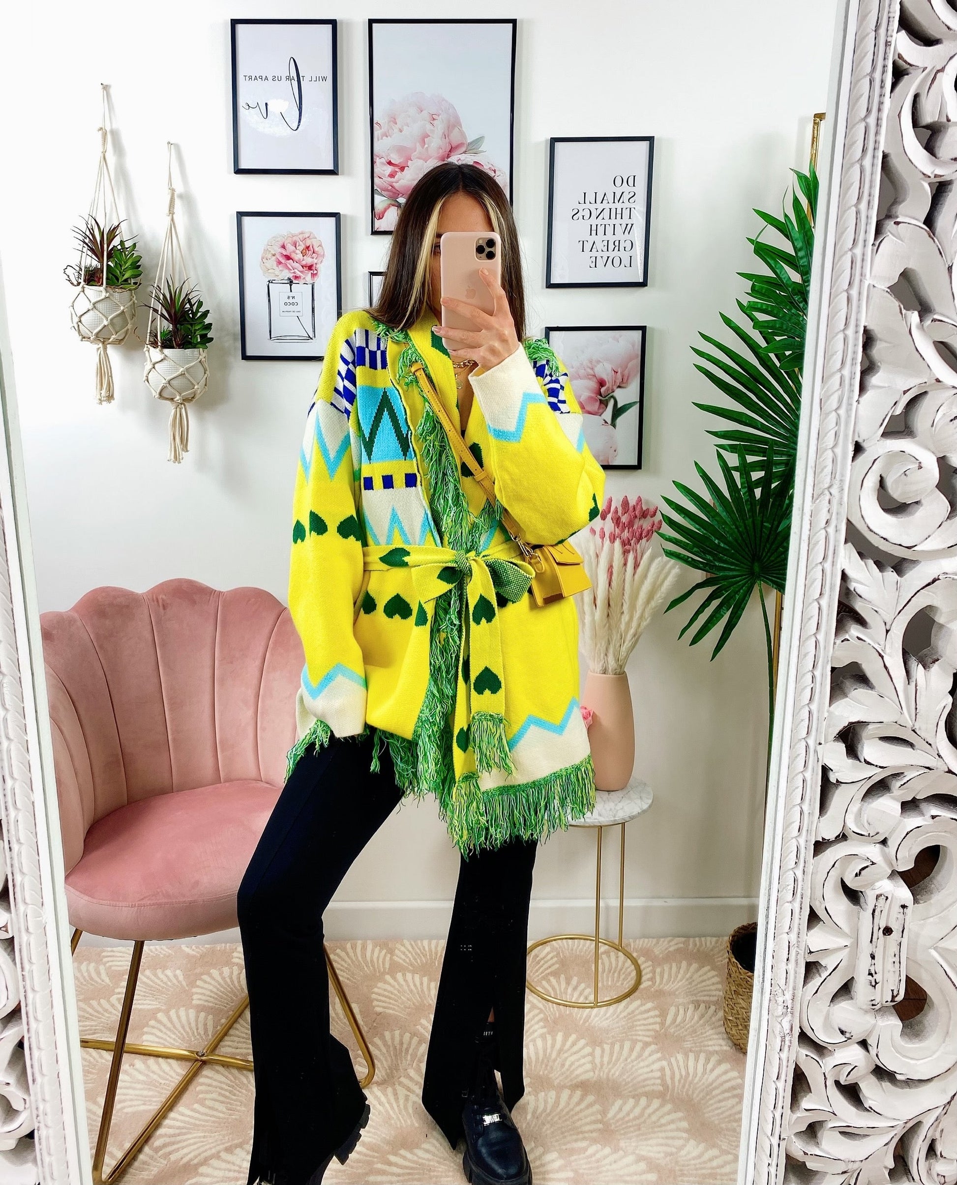 Cardigan frange e cinta giallo