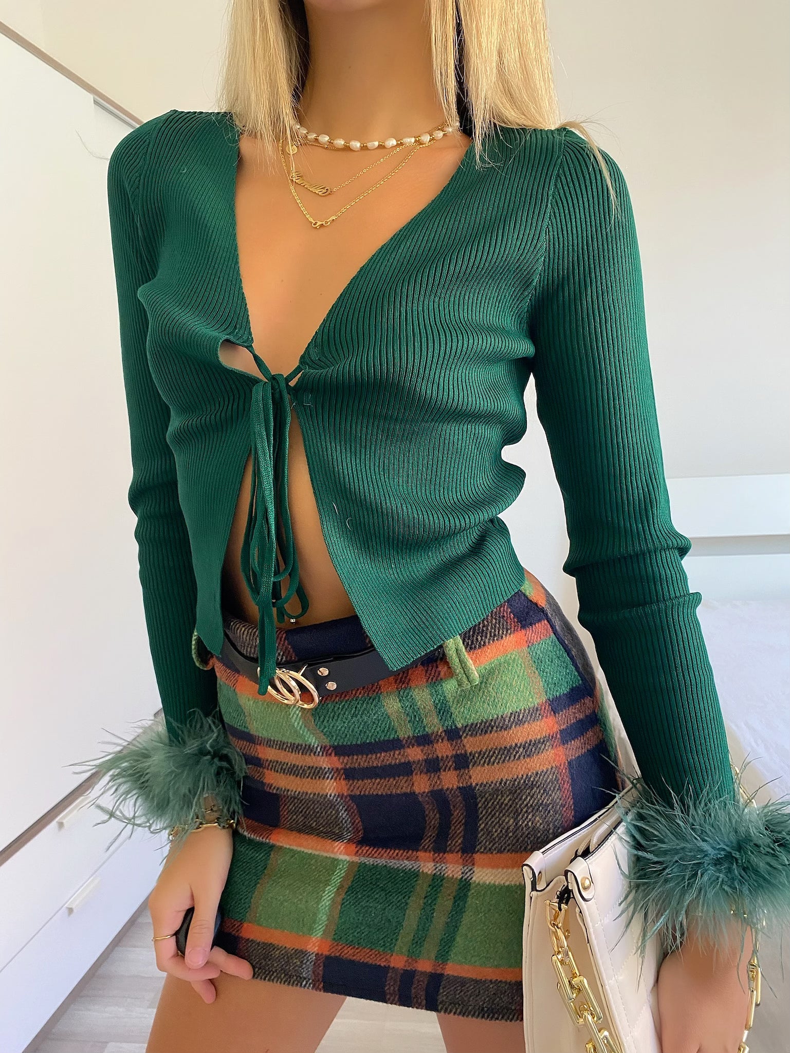 Maglia crop con piume Verde bottiglia