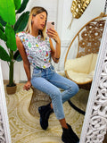 Maglia con spalline bombate e unicorni
