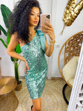 Abito con paillettes verde acqua monospalla con fiocco
