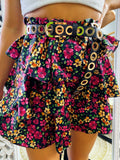 Gonna in raso a balze con fiori Fuxia e gialli