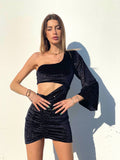 Abito monospalla effetto glitter nero