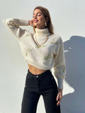 Maglione collo alto con rose Panna